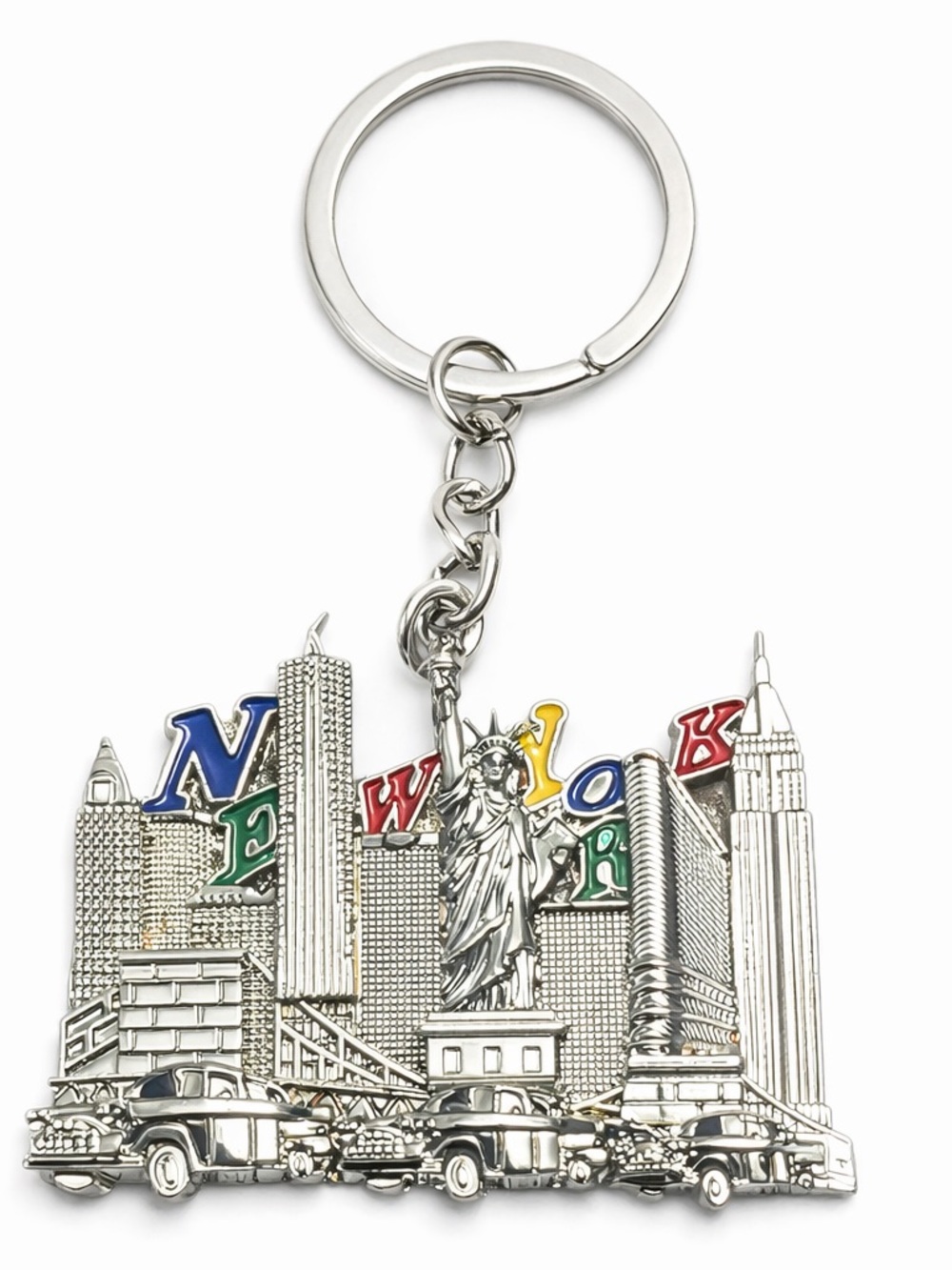 New York Skyline Statue of Liberty Keychain - Silver with Multicolor‎ Accents